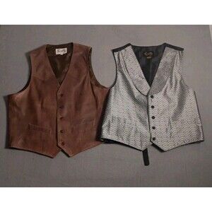 2 Scully LARGE 42 Men's Vests -Paisley Jacquard Grey Vest And Leather 5 Button
